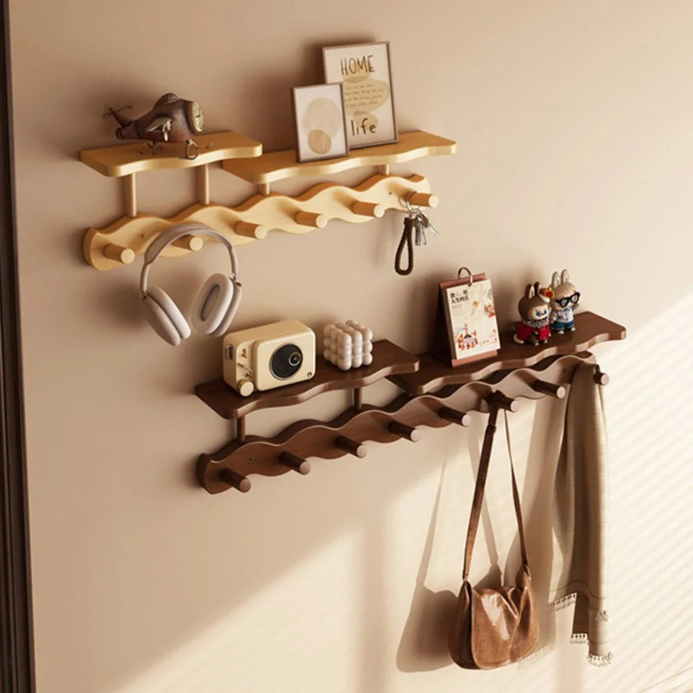 Bamboo Coat Hooks Wall Mounted Towel Rack Shelf 6 Hooks No Drill Hanging Organizer for Entryway Bedroom Hallway - White - 4