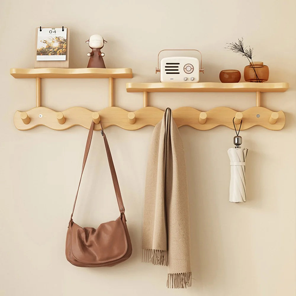 Bamboo Coat Hooks Wall Mounted Towel Rack Shelf 8 Hooks No Drill Hanging Organizer for Entryway Bedroom Hallway - Wood Color - 1