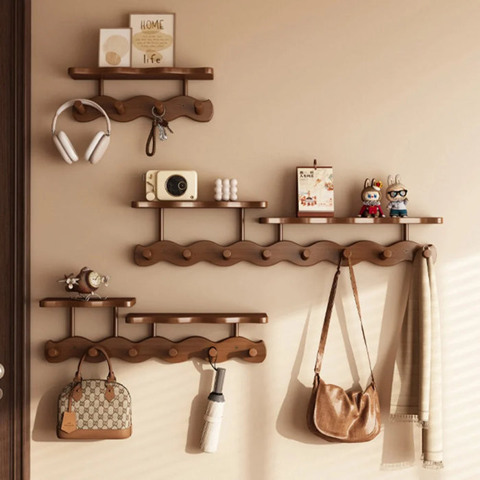 Bamboo Coat Hooks Wall Mounted Towel Rack Shelf 8 Hooks No Drill Hanging Organizer for Entryway Bedroom Hallway - Wood Color - 4