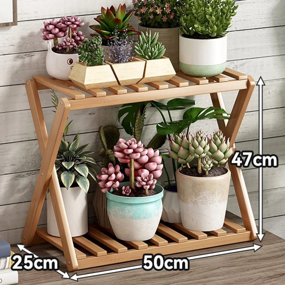 Multi-Tier Plant Stand 50cm Bamboo Flower Pot Shelf Indoor Outdoor Storage Rack for Living Room / Balcony / Office - Burlywood - 1
