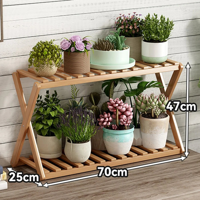 Multi-Tier Plant Stand 70cm Bamboo Flower Pot Shelf Indoor Outdoor Storage Rack for Living Room / Balcony / Office - Burlywood - 1