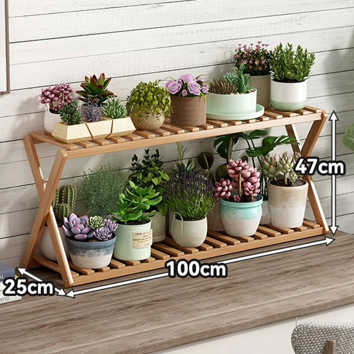 Multi-Tier Plant Stand 100cm Bamboo Flower Pot Shelf Indoor Outdoor Storage Rack for Living Room / Balcony / Office - Burlywood - 1