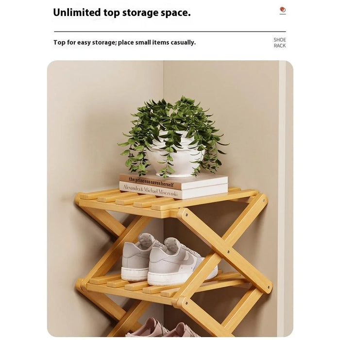 Folding 3-Tier Shoe Rack Entryway Storage Holder Shoes Organizer for Indoor Corner - Burlywood - 2