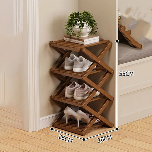 4 Tier Bamboo Shoe Rack No Assembly Foldable Shoe Organizer for Entryway - Brown - 1