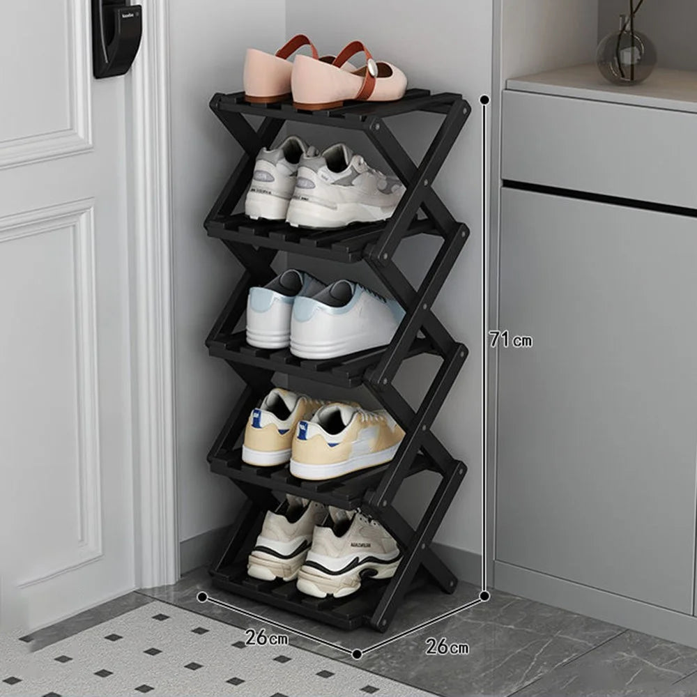 5 Tier Bamboo Shoe Rack No Assembly Foldable Shoe Organizer for Entryway - Black - 1