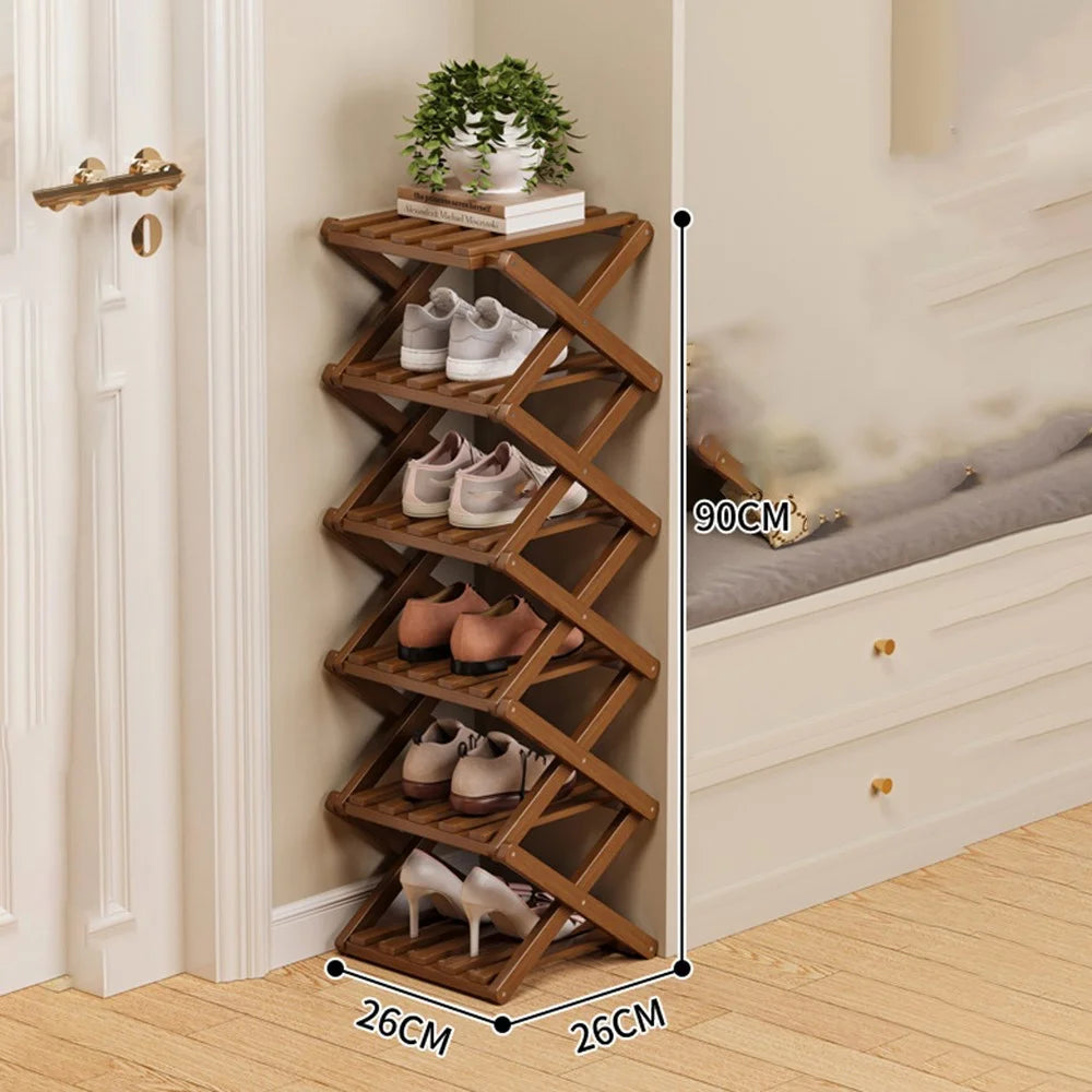 6 Tier Bamboo Shoe Rack No Assembly Foldable Shoe Organizer for Entryway - Brown - 1