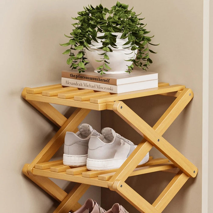 6 Tier Bamboo Shoe Rack No Assembly Foldable Shoe Organizer for Entryway - Brown - 2