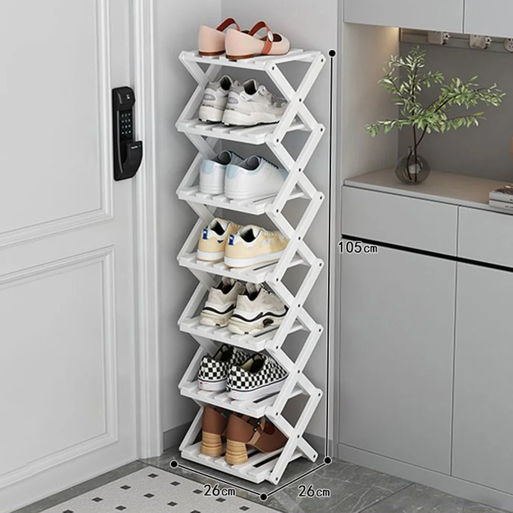 7 Tier Bamboo Shoe Rack No Assembly Foldable Shoe Organizer for Entryway - White - 1