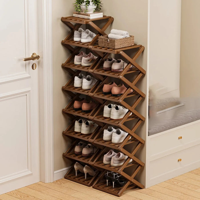 7 Tier Bamboo Shoe Rack No Assembly Foldable Shoe Organizer for Entryway - White - 7
