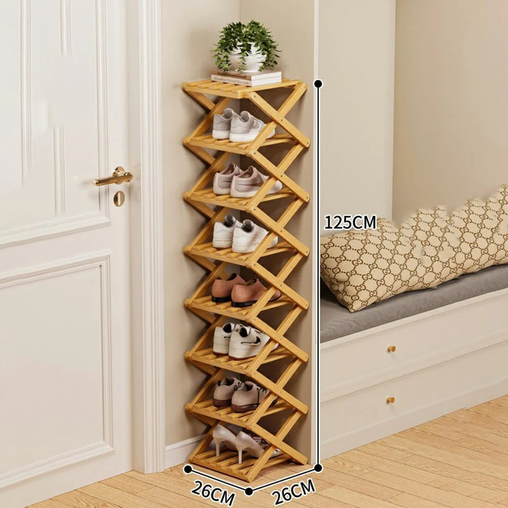 Folding 8-Tier Shoe Rack Entryway Storage Holder Shoes Organizer for Indoor Corner - Burlywood - 1