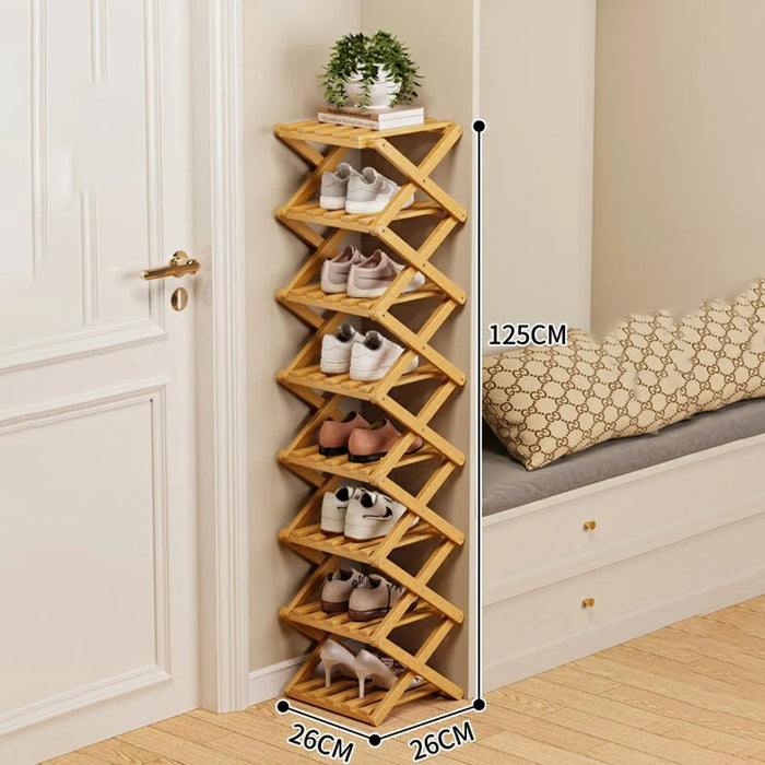 Folding 8-Tier Shoe Rack Entryway Storage Holder Shoes Organizer for Indoor Corner - Burlywood - 1