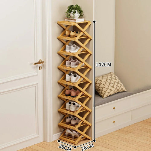 Folding 9-Tier Shoe Rack Entryway Storage Holder Shoes Organizer for Indoor Corner - Burlywood - 1