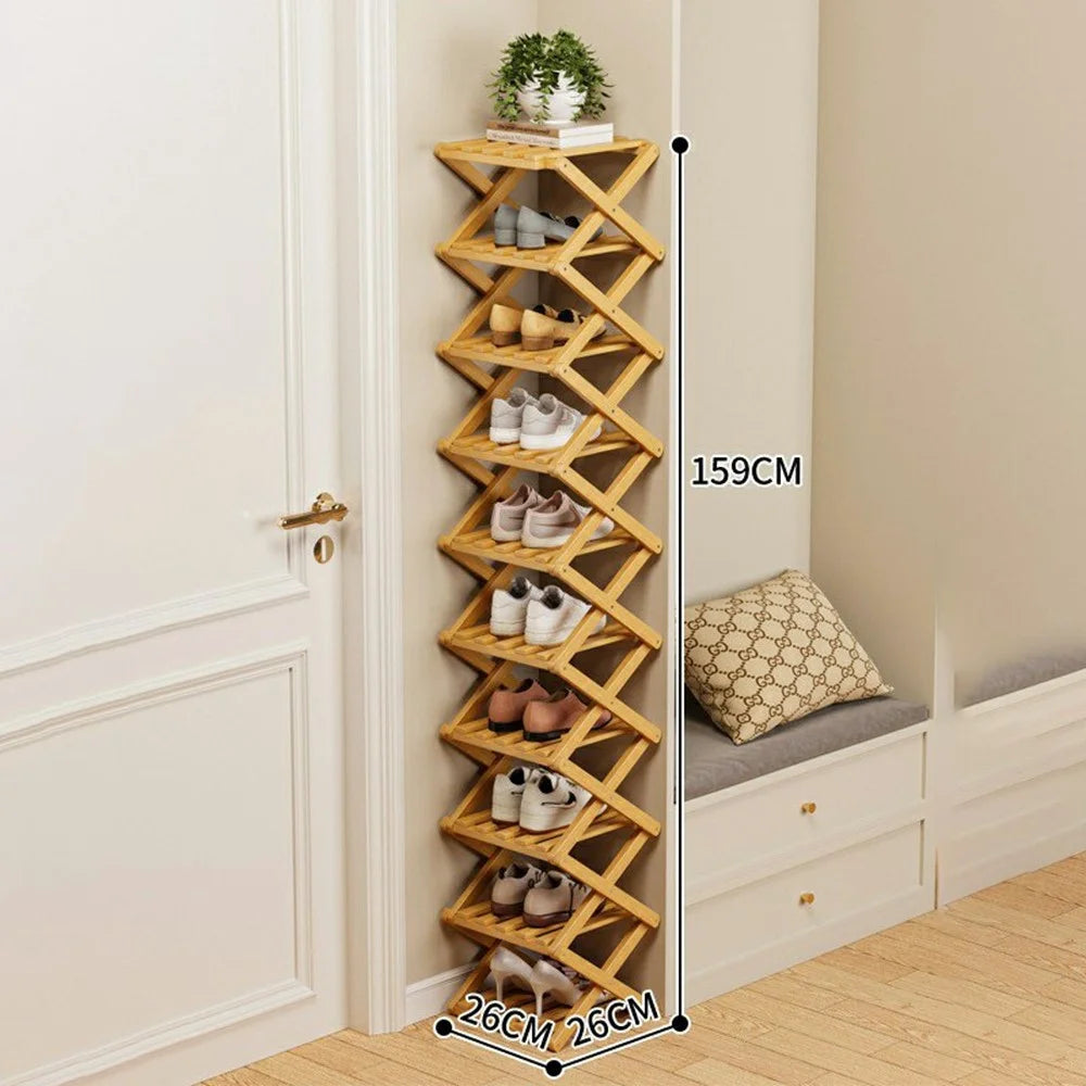 Folding 10-Tier Shoe Rack Entryway Storage Holder Shoes Organizer for Indoor Corner - Burlywood - 1