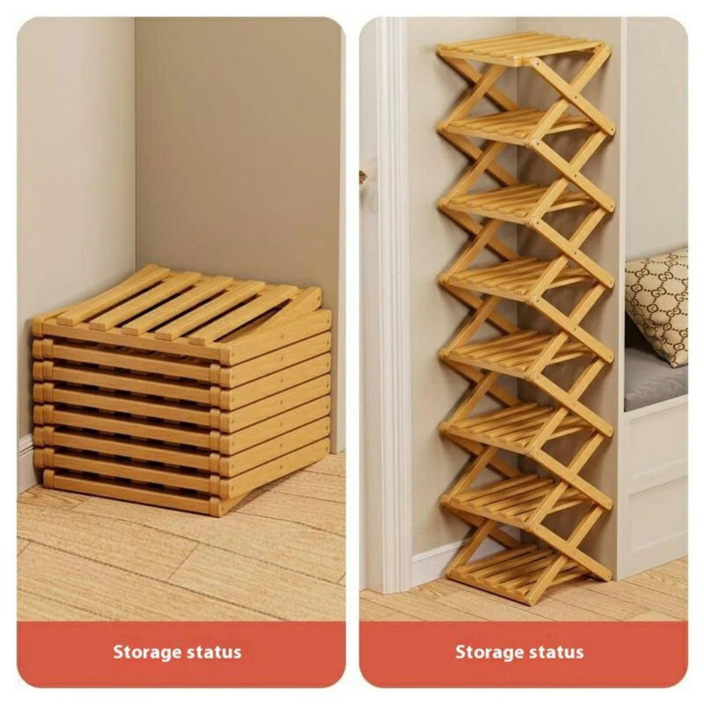 Folding 10-Tier Shoe Rack Entryway Storage Holder Shoes Organizer for Indoor Corner - Burlywood - 2
