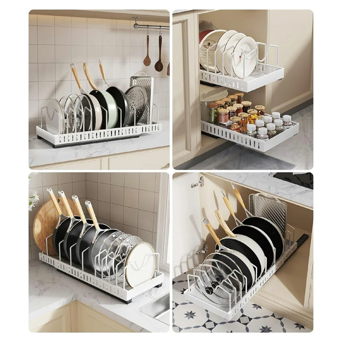 Adjustable Pot Rack Organizer For Kitchen Cabinet Countertop Dish Storage Extendable Cookware Holder 52cm - White - 5