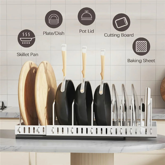 Adjustable Pot Rack Organizer For Kitchen Cabinet Countertop Dish Storage Extendable Cookware Holder 52cm - White - 6