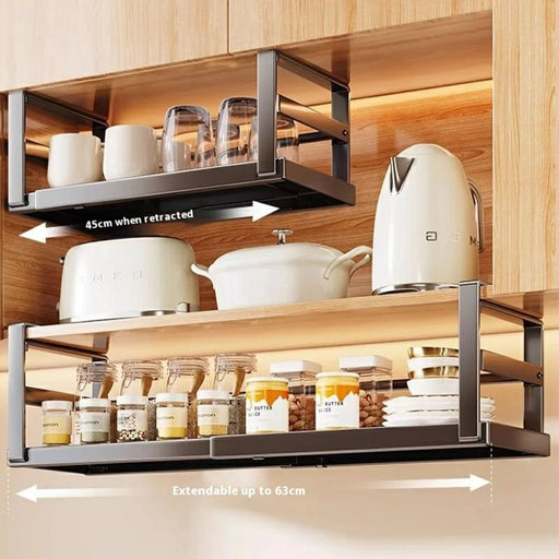 Expandable Under Cabinet Organizer Rack 27-45cm Adjustable Length Multi-Functional Storage Shelf - Black - 2