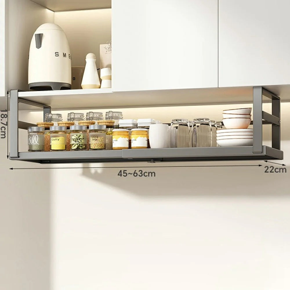 Adjustable Under Cabinet Organizer Rack 45-63cm Extendable Kitchen Storage Shelf Multi-Function Holder - Black - 1
