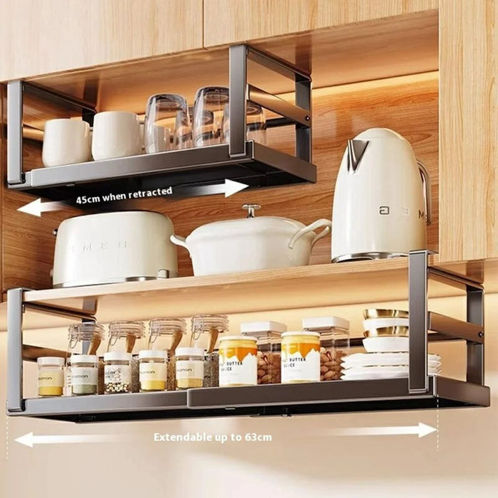Adjustable Under Cabinet Organizer Rack 45-63cm Extendable Kitchen Storage Shelf Multi-Function Holder - Black - 2