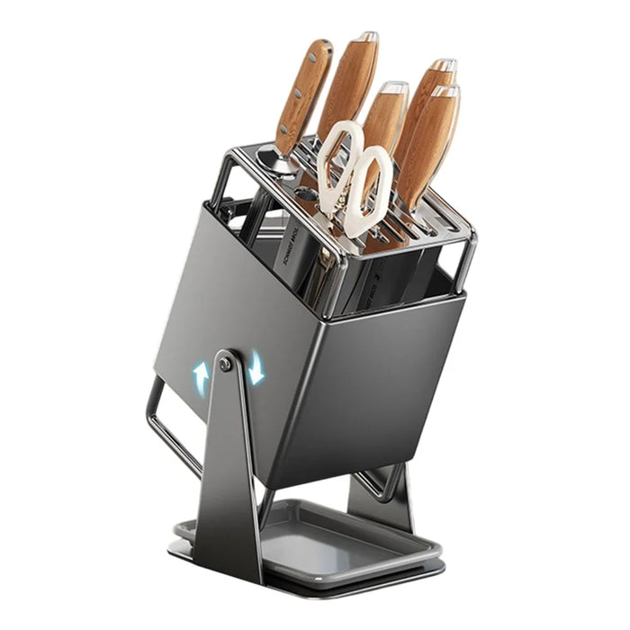 Rotating Knife Block for Kitchen Cutlery Organizer Stainless Steel Storage Rack with Draining Tray - Dark Grey - 1