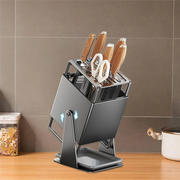 Rotating Knife Block for Kitchen Cutlery Organizer Stainless Steel Storage Rack with Draining Tray - Dark Grey - 2