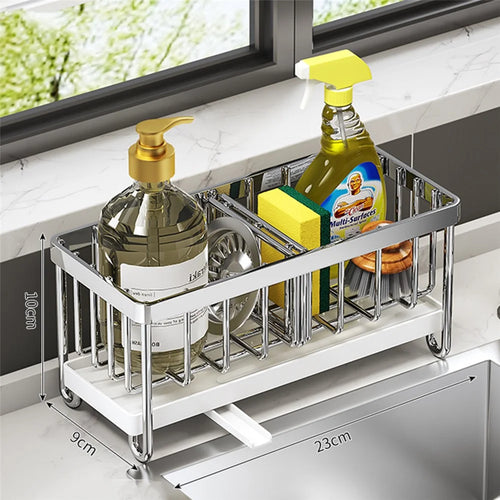Kitchen Sink Caddy Stainless Steel Sponge Holder with Drip Tray Mesh Basket For Dish Soap Brush Organizer - 1