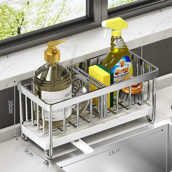 Kitchen Sink Caddy Stainless Steel Sponge Holder with Drip Tray Mesh Basket For Dish Soap Brush Organizer - 1