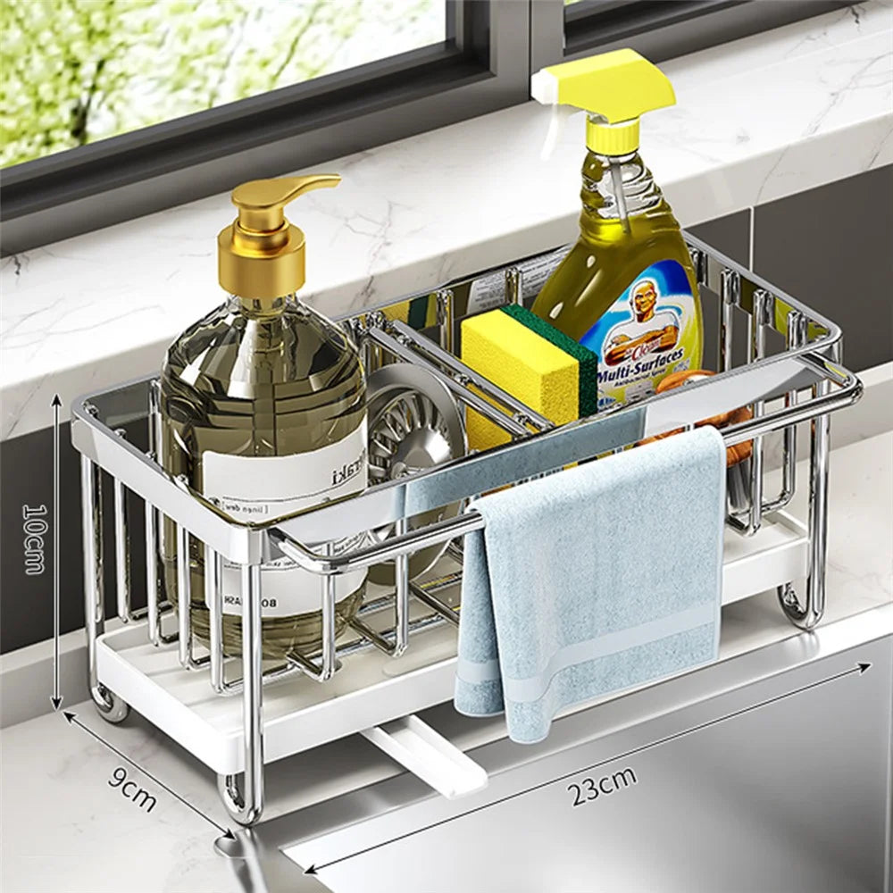 Stainless Steel Kitchen Sink Caddy Organizer with Drip Tray Mesh Holder Rod for Brushes Dishcloths - 1