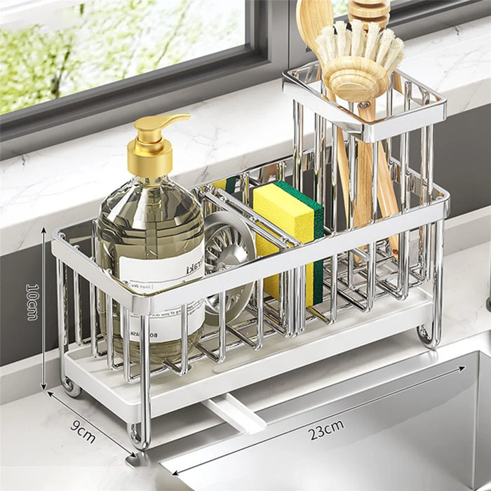 Kitchen Sink Organizer Stainless Steel Draining Rack with Drip Tray Mesh Holder Storage Basket - 1