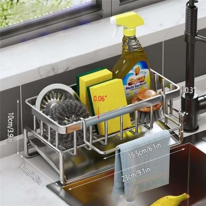 Stainless Steel Sink Caddy Sponge Holder Kitchen Cleaning Tool Organizer Dish Cloth Rack with Rod - 1
