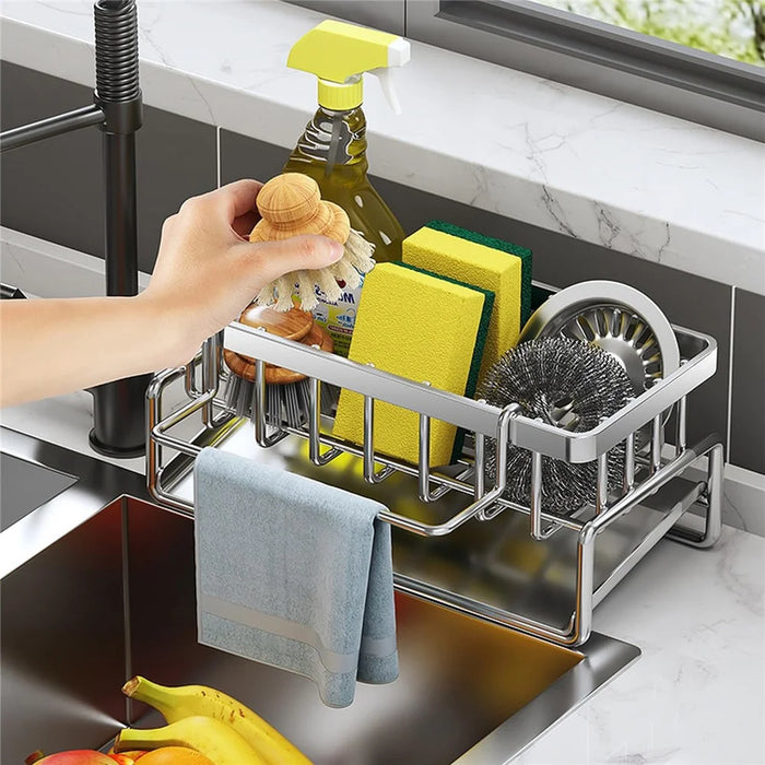 Stainless Steel Sink Caddy Sponge Holder Kitchen Cleaning Tool Organizer Dish Cloth Rack with Rod - 2