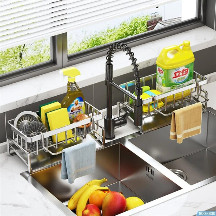 Stainless Steel Sink Caddy Sponge Holder Kitchen Cleaning Tool Organizer Dish Cloth Rack with Rod - 3