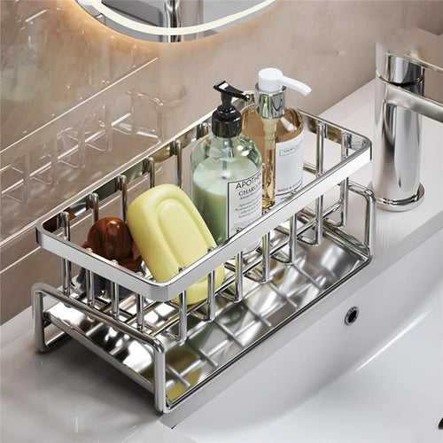 Stainless Steel Sink Caddy Sponge Holder Kitchen Cleaning Tools Organizer Dishcloth Storage Rack - 1