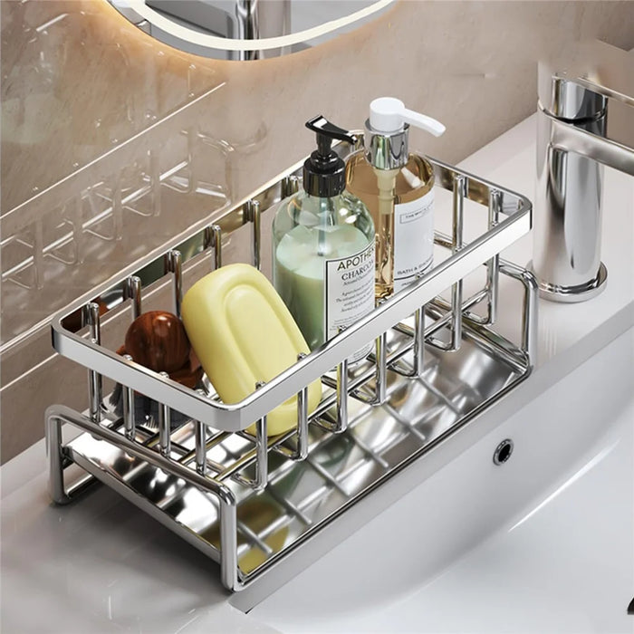 Stainless Steel Sink Caddy Sponge Holder Kitchen Cleaning Tools Organizer Dishcloth Storage Rack - 1