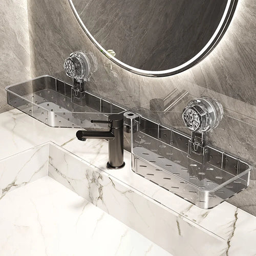 U-Shaped Faucet Organizer For Bathroom Sink No Drill Storage Rack Wall Mounted Shelf - Transparent Grey - 1