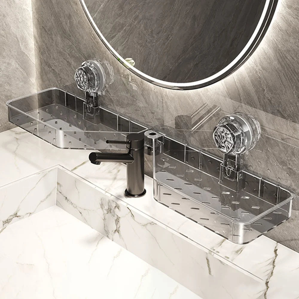 U-Shaped Faucet Organizer For Bathroom Sink No Drill Storage Rack Wall Mounted Shelf - Transparent Grey - 1