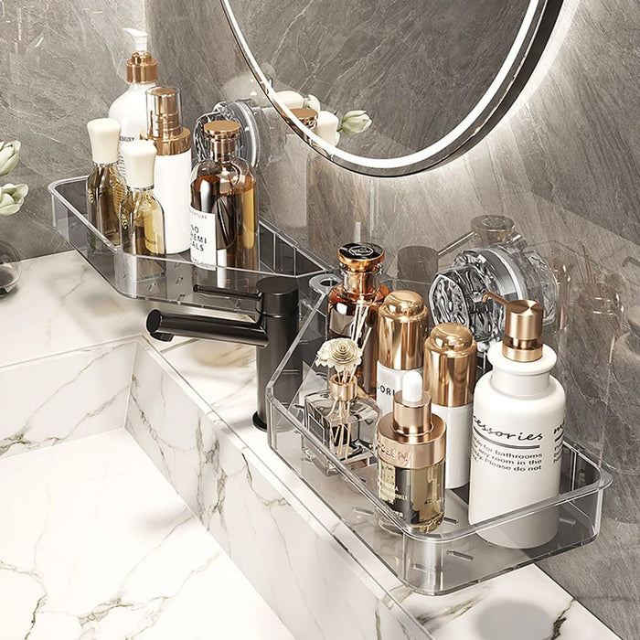 U-Shaped Faucet Organizer For Bathroom Sink No Drill Storage Rack Wall Mounted Shelf - Transparent Grey - 2