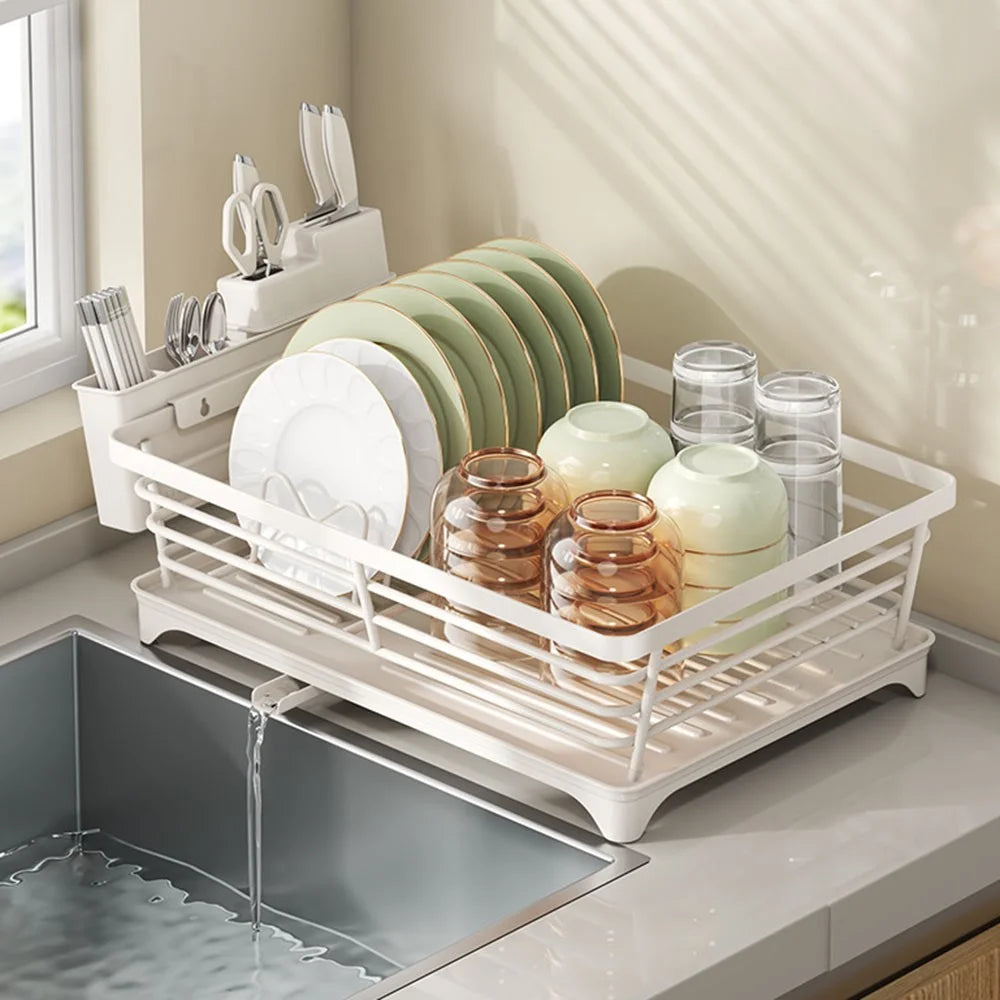 Stainless Steel Dish Rack Drainer Kitchen Organizer Milk White Storage Shelf with Drainage System - 1
