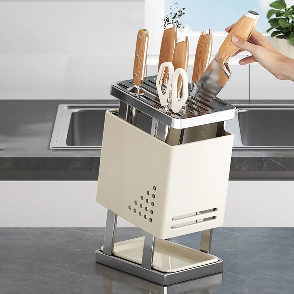 Multifunctional Kitchen Knife Holder Countertop Organizer Heavy Duty Cutlery Storage Rack - Beige - 3
