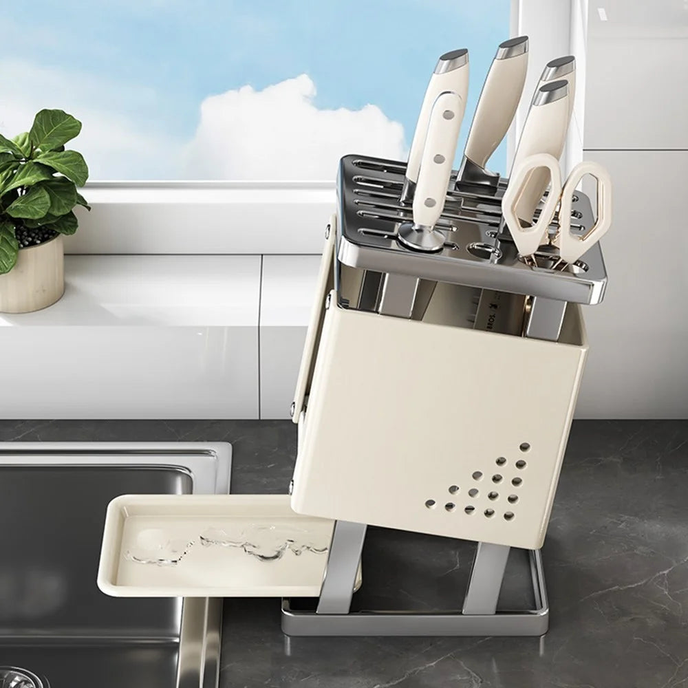 Multifunctional Kitchen Knife Holder Countertop Organizer Heavy Duty Cutlery Storage Rack - Beige - 4
