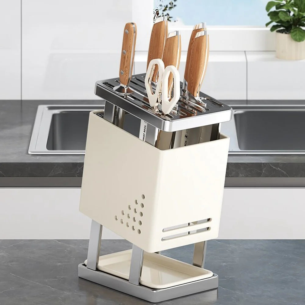 Multifunctional Kitchen Knife Holder Countertop Organizer Heavy Duty Cutlery Storage Rack - Beige - 5