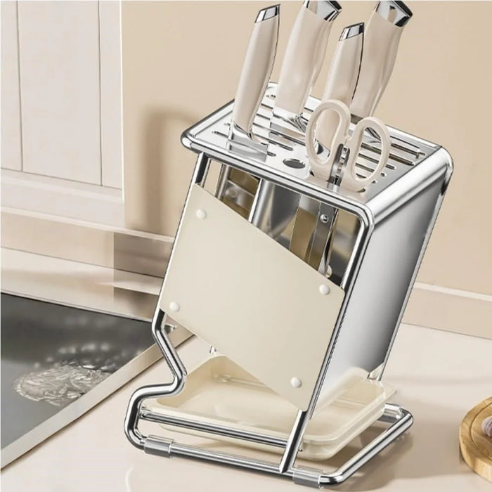 Stainless Steel Kitchen Knife Holder Organizer Countertop Multifunctional Utensil Storage Rack - Beige - 2