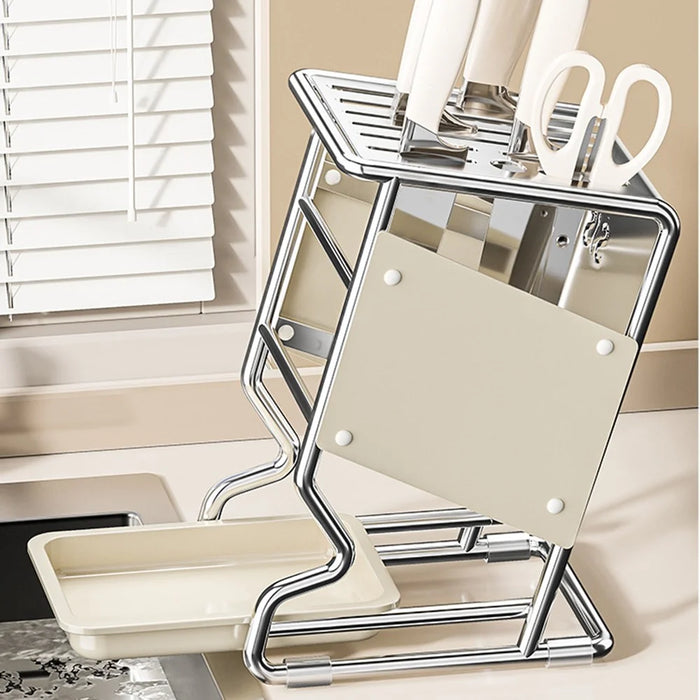 Stainless Steel Kitchen Knife Holder Organizer Countertop Multifunctional Utensil Storage Rack - Beige - 4