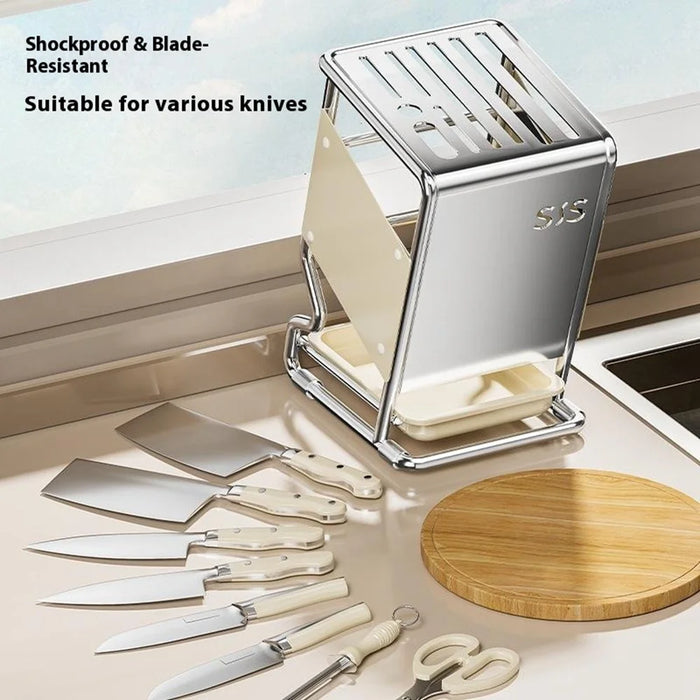 Stainless Steel Kitchen Knife Holder Organizer Countertop Multifunctional Utensil Storage Rack - Beige - 5