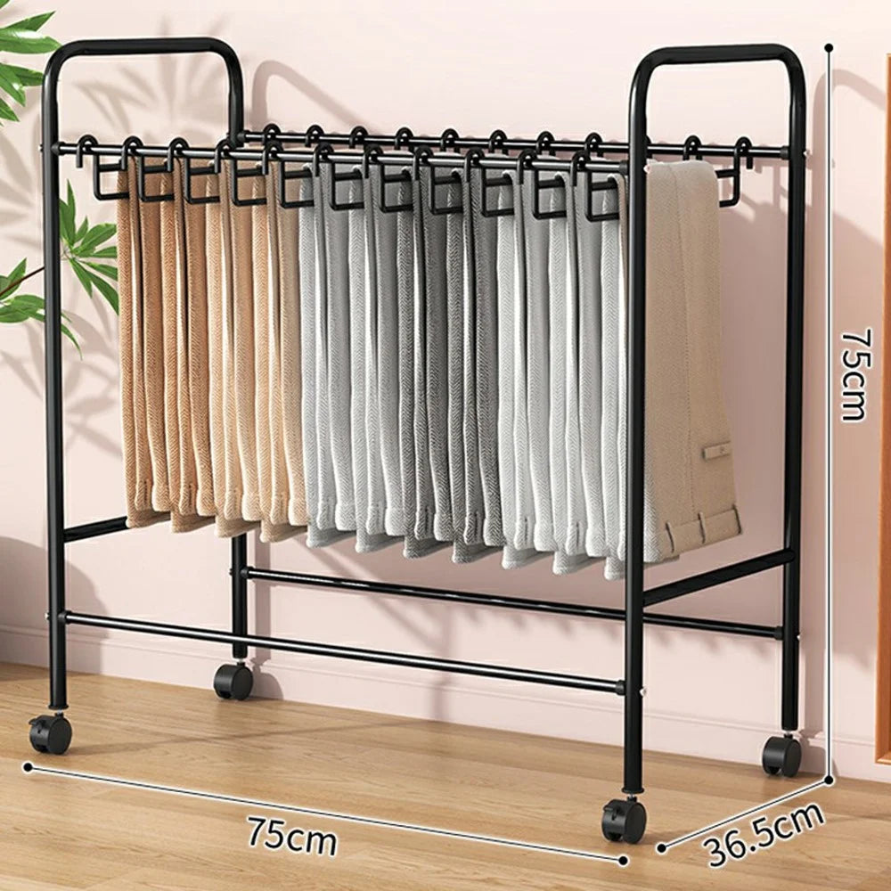 75cm Width Movable Pants Rack with 30 Hangers Wardrobe Organizer Metal Storage Shelf with Rotating Wheels - Black - 1