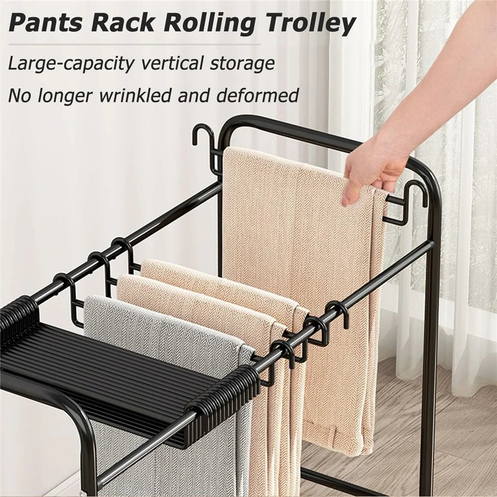 75cm Width Movable Pants Rack with 30 Hangers Wardrobe Organizer Metal Storage Shelf with Rotating Wheels - Black - 2