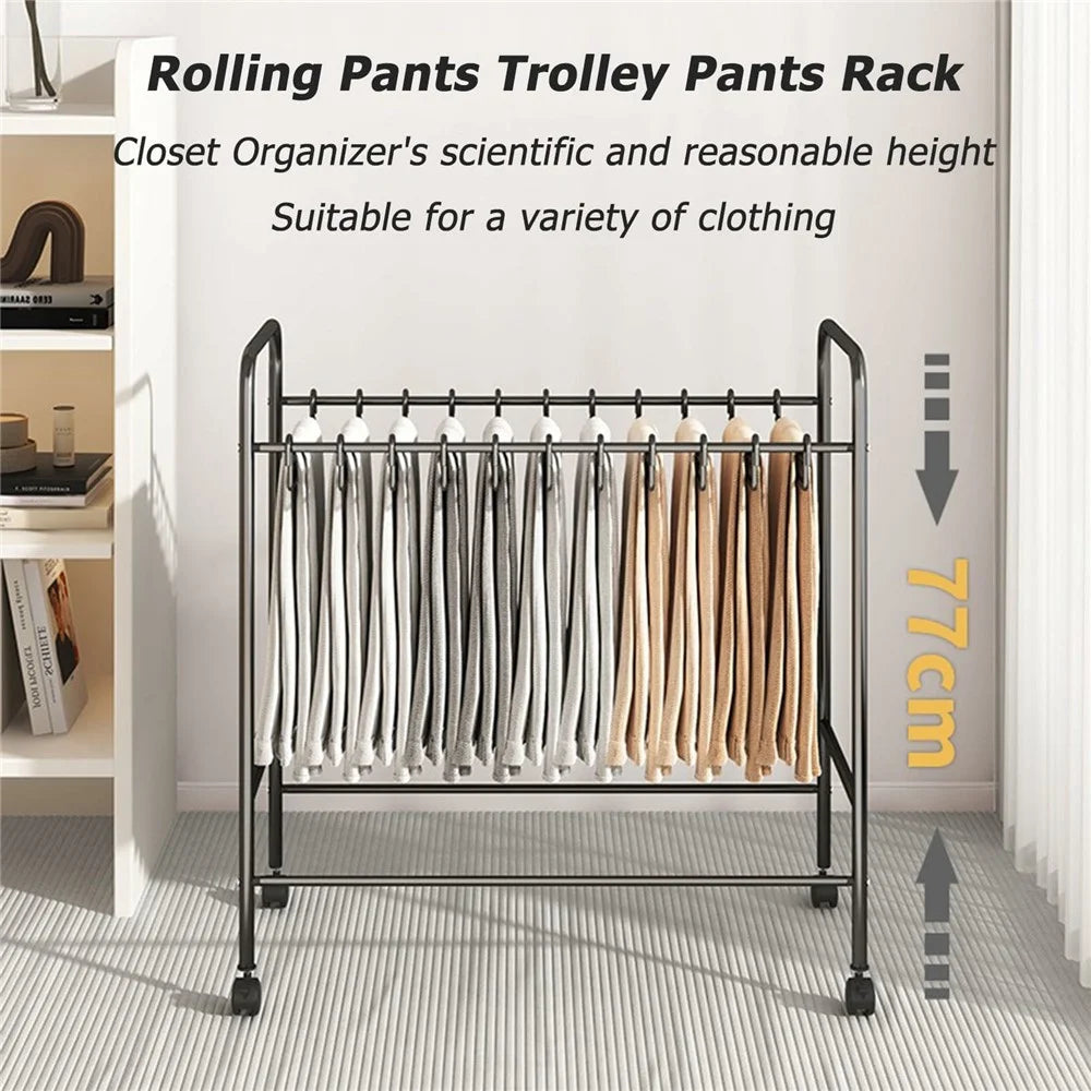 75cm Width Movable Pants Rack with 30 Hangers Wardrobe Organizer Metal Storage Shelf with Rotating Wheels - Black - 3