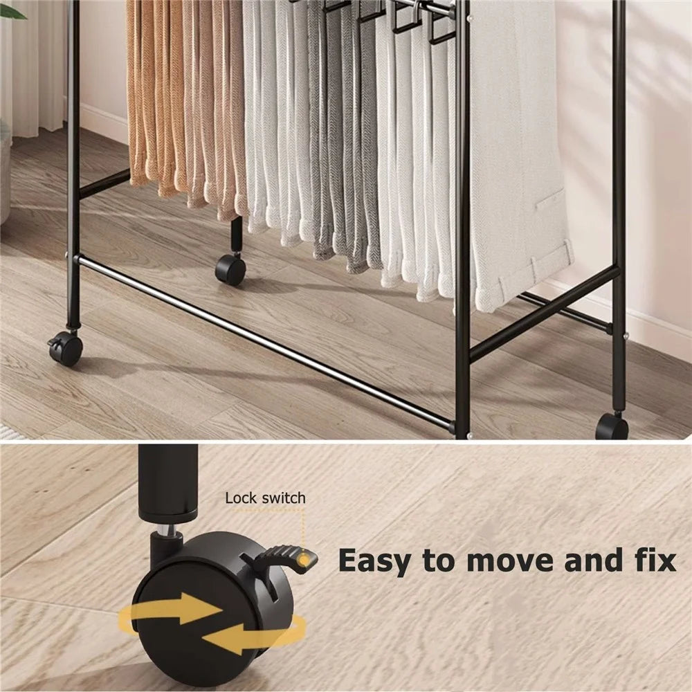75cm Width Movable Pants Rack with 30 Hangers Wardrobe Organizer Metal Storage Shelf with Rotating Wheels - Black - 4