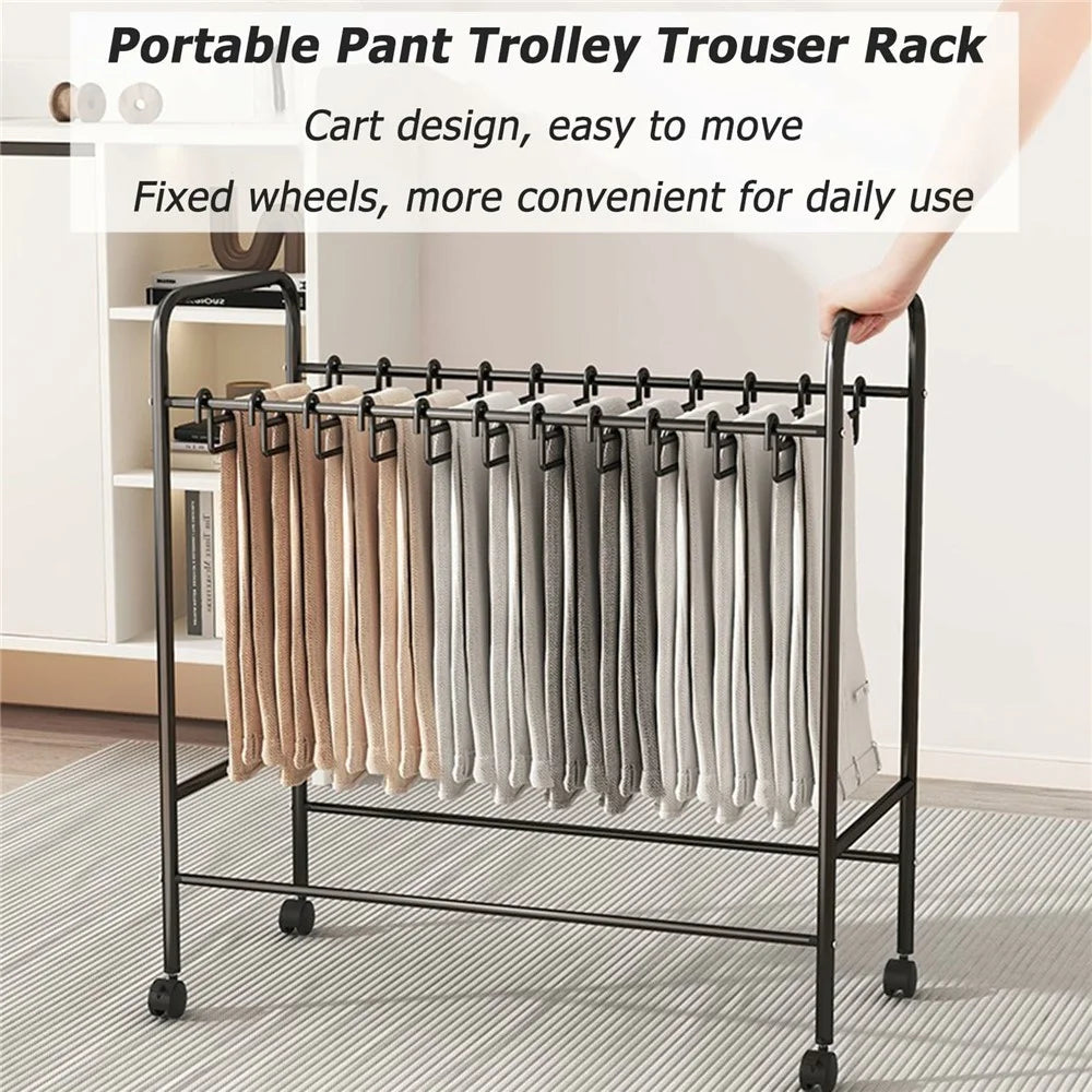 75cm Width Movable Pants Rack with 30 Hangers Wardrobe Organizer Metal Storage Shelf with Rotating Wheels - Black - 5