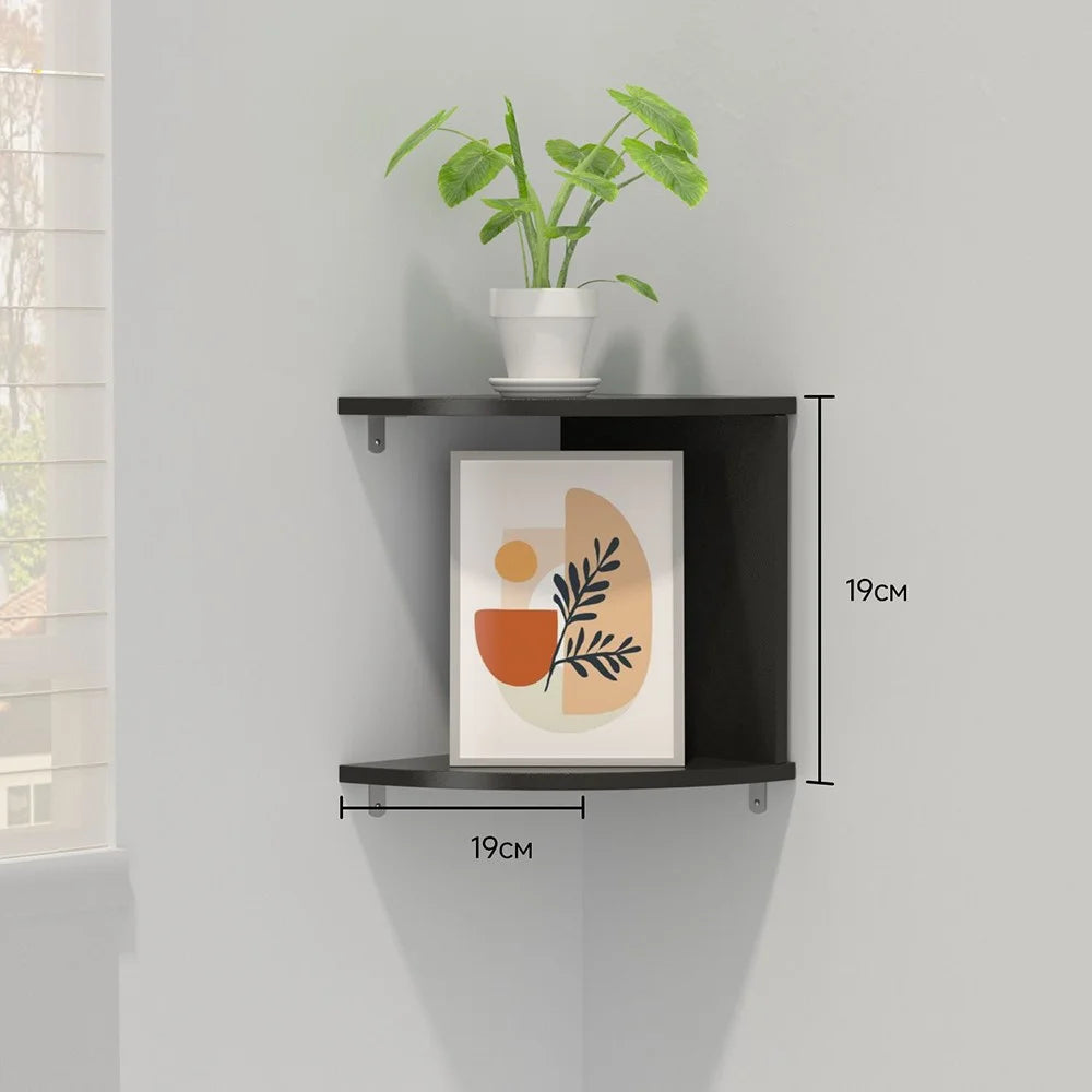 Corner Wall Mounted Shelf 2 Tier Storage Rack for Living Room Space Saving Display Organizer - Black - 1